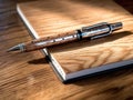 Empty notebook stylish pen wooden surface