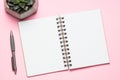Empty notepad, smartphone and cactus on pink top view. Royalty Free Stock Photo