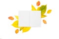 Empty notepad for writing or for a wish list on an autumn background of colored leaves isolated on white Royalty Free Stock Photo