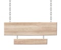 Oblong wooden double sign made of light wood hanging on chains
