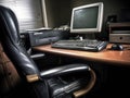Empty office chair with computer and accessories