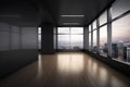 Empty office corridor with wooden floor and city view background from window. generative ai Royalty Free Stock Photo