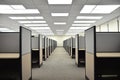 Empty office cubicle space stretches out in long hallway. Rows of beige, gray cubicles line corridor. Modern lighting illuminates Royalty Free Stock Photo