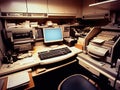 Empty office cubicle supplies computer wideangle lens