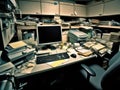 Empty office cubicle supplies computer wideangle lens