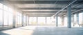 Empty office interior, commercial building or modern wide open space hall in skyscraper with large windows and concrete floor. Royalty Free Stock Photo