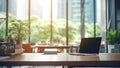 Empty office, memo and open laptop on the wooden desk. Royalty Free Stock Photo