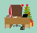 Empty Office Santa. Claus workstation. After work. Table and fir Royalty Free Stock Photo