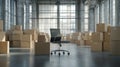 Empty Office Space with Cardboard Boxes and Office Chair Royalty Free Stock Photo
