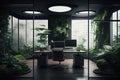 empty office surrounded by lush greenery, symbolizing renewal and growth