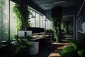 empty office surrounded by lush greenery, symbolizing renewal and growth