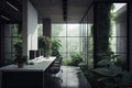 empty office surrounded by lush greenery, symbolizing renewal and growth