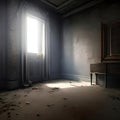 Empty old abandoned room with wooden walls, glass window and floor, dark horror interior, generative ai