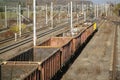 Empty old freight train wagons and in a station Royalty Free Stock Photo