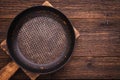 Empty old greasy frying pan on wooden background top view