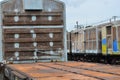 Empty old rust iron floor of rail freight trains