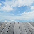 Empty old wood floor with blue sky with white clouds, for your p Royalty Free Stock Photo