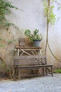 Empty of Old wooden chair in the garden against old cement wall background Royalty Free Stock Photo