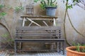 Empty of Old wooden chair in the garden against old cement wall background Royalty Free Stock Photo