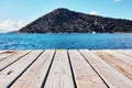 Wooden planks, sea and island