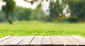 Empty old wooden table and fresh green grass lawn with trees Royalty Free Stock Photo