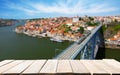 Empty old wooden table and view of Porto city, Portugal Royalty Free Stock Photo