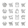 Empty online shopping baskets, market box line web shop vector icons Royalty Free Stock Photo