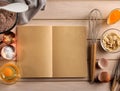 Empty Open Book with Baking Ingredients, Top View. Concept Book Recipe Royalty Free Stock Photo