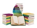 Empty open book and pile of colorful vintage books Royalty Free Stock Photo