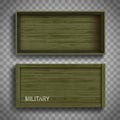 Empty open and closed green military wooden boxes