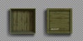 Empty open and closed green military wooden boxes