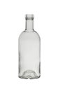 An empty open glass bottle made of transparent material. Isolated on a white background, close-up