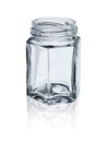 Empty open glass jar, hexagonal with faces. Isolated on a white background with reflection Royalty Free Stock Photo