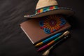 empty open notepad, copyspace, mexican vibrant, black background, Cinco de Mayo AI generation