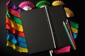 empty open notepad, copyspace, mexican vibrant, black background, Cinco de Mayo AI generation