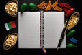 empty open notepad, copyspace, mexican vibrant, black background, Cinco de Mayo AI generation