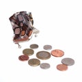 Empty open purse and some english coins Royalty Free Stock Photo