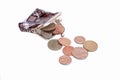 Empty open purse and some english coins Royalty Free Stock Photo