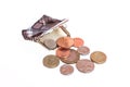 Empty open purse and some english coins Royalty Free Stock Photo