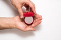 Empty open red jewelry box in a male hands. Present. White background. Top view Royalty Free Stock Photo