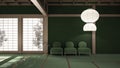 Empty open space, mats, tatami and futon floor, green plaster walls, wooden roof, armchairs with side table and paper pendant lamp