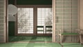 Empty open space, mats, tatami and futon floor, green plaster walls, wooden roof, chinese paper doors, chairs with lamps, lounge