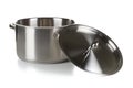 Empty open stainless steel cooking pot with lid over white