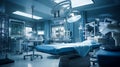 Empty operation room in clinic with all nesessary equipment with blue light. r Royalty Free Stock Photo