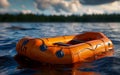 An empty orange inflatable life raft adrift on the ocean waves, symbolizing isolation and danger.