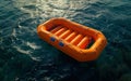 An empty orange inflatable life raft adrift on the ocean waves, symbolizing isolation and danger. Royalty Free Stock Photo