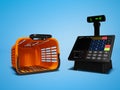 Empty orange plastic basket and cash register for weighing and selling 3d render on blue background with shadow Royalty Free Stock Photo