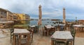 Empty outdoor cafe in the morning, Chania, Crete