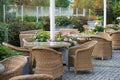 Empty outdoor cafe terrace with wicker furniture and growing flowers in pot for summer entertainment Royalty Free Stock Photo