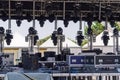 Empty outdoor real concert stage including robotic scenic lights setup during the day Royalty Free Stock Photo